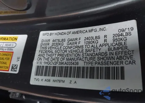 2019 Honda Accord Sport 2.0T from USA, damaged, VIN 1HGCV2F39KA035436